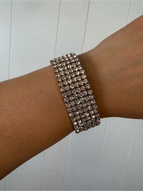 Vintage Clear Rhinestone Stretch Bracelet Silver Tone Wedding Prom Cocktail 80s